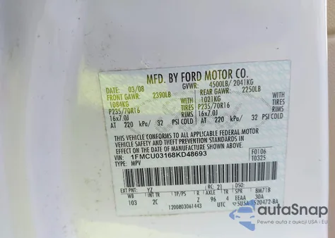 2008 Ford Escape Xlt из США, поврежденный, VIN 1FMCU03168KD48693